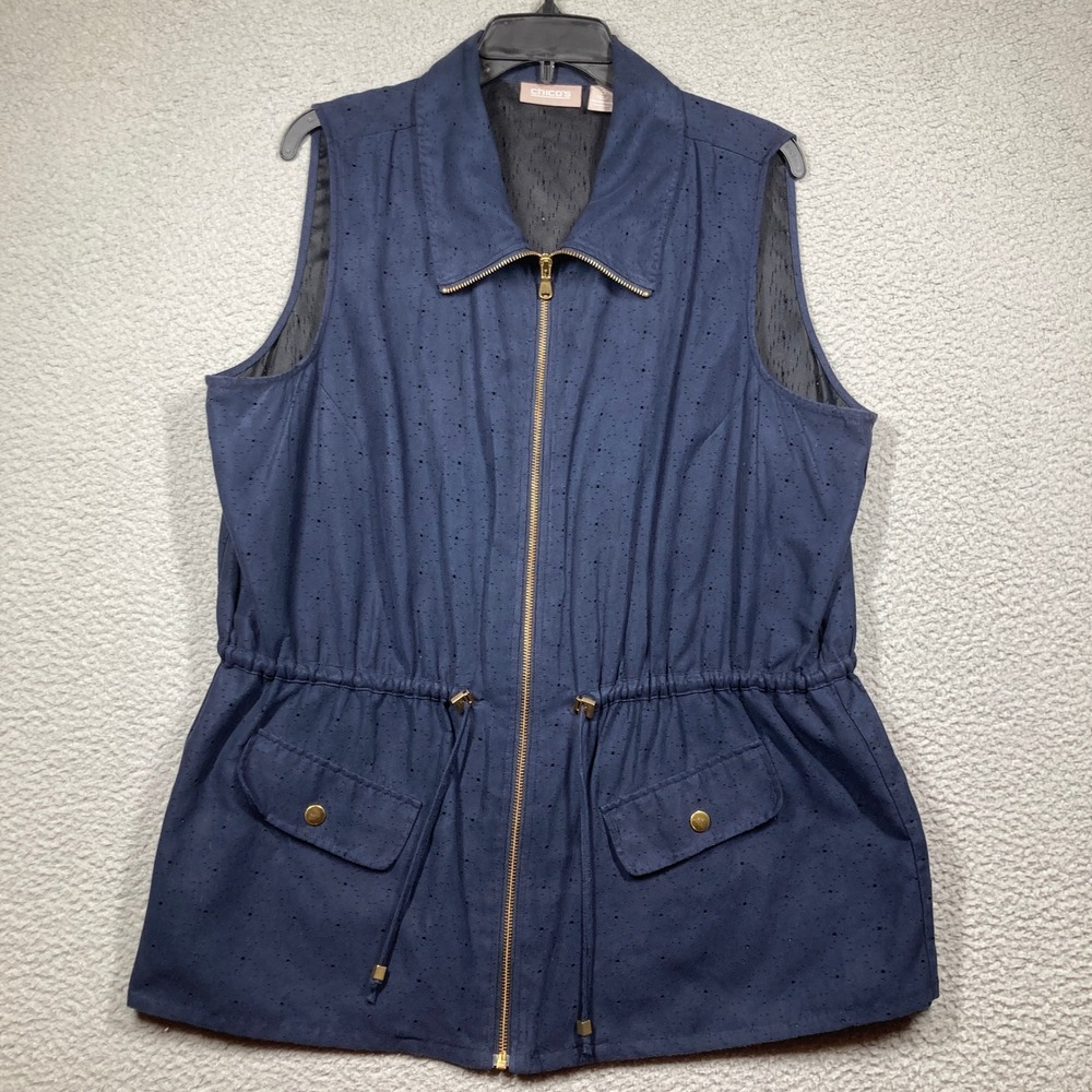 Chico's Utility Vest Women 3 Navy Blue Eyelet Full Zip Drawstring Waist 10937